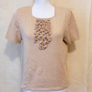 ALFRED DUNNER Petite - Beige & Gold Sparkle Fitted Sweater with Ruffles